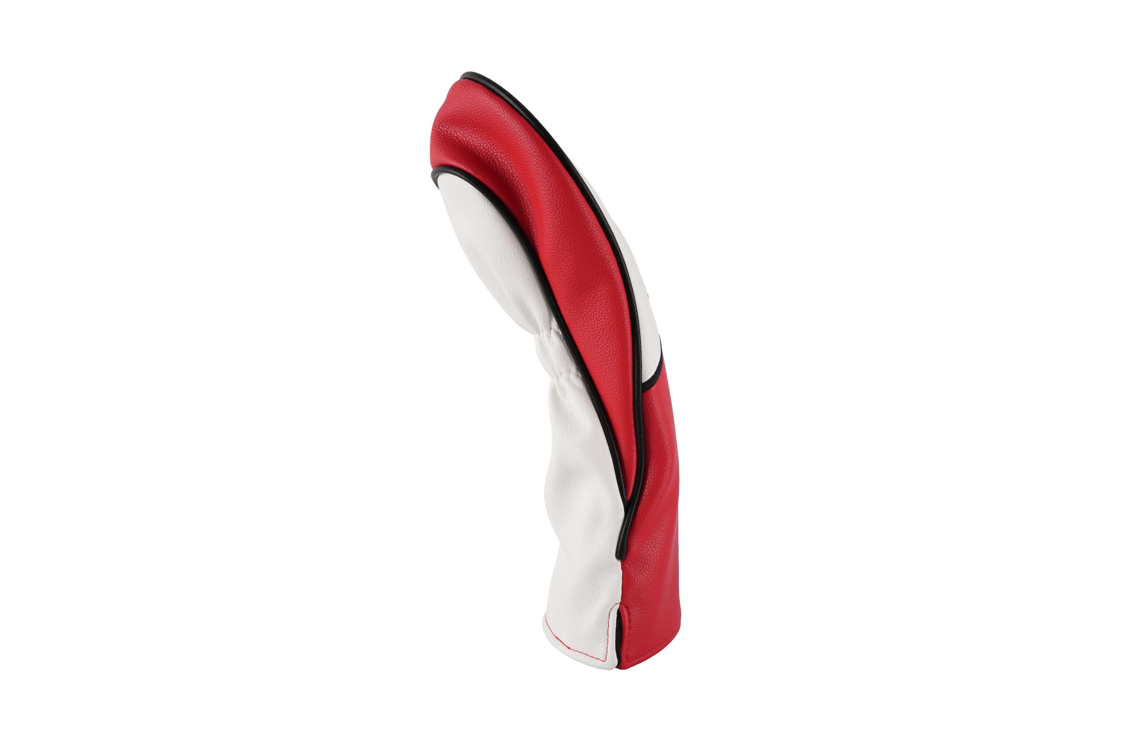 A red and white golf club headcover with black piping, shown upright against a plain white background.