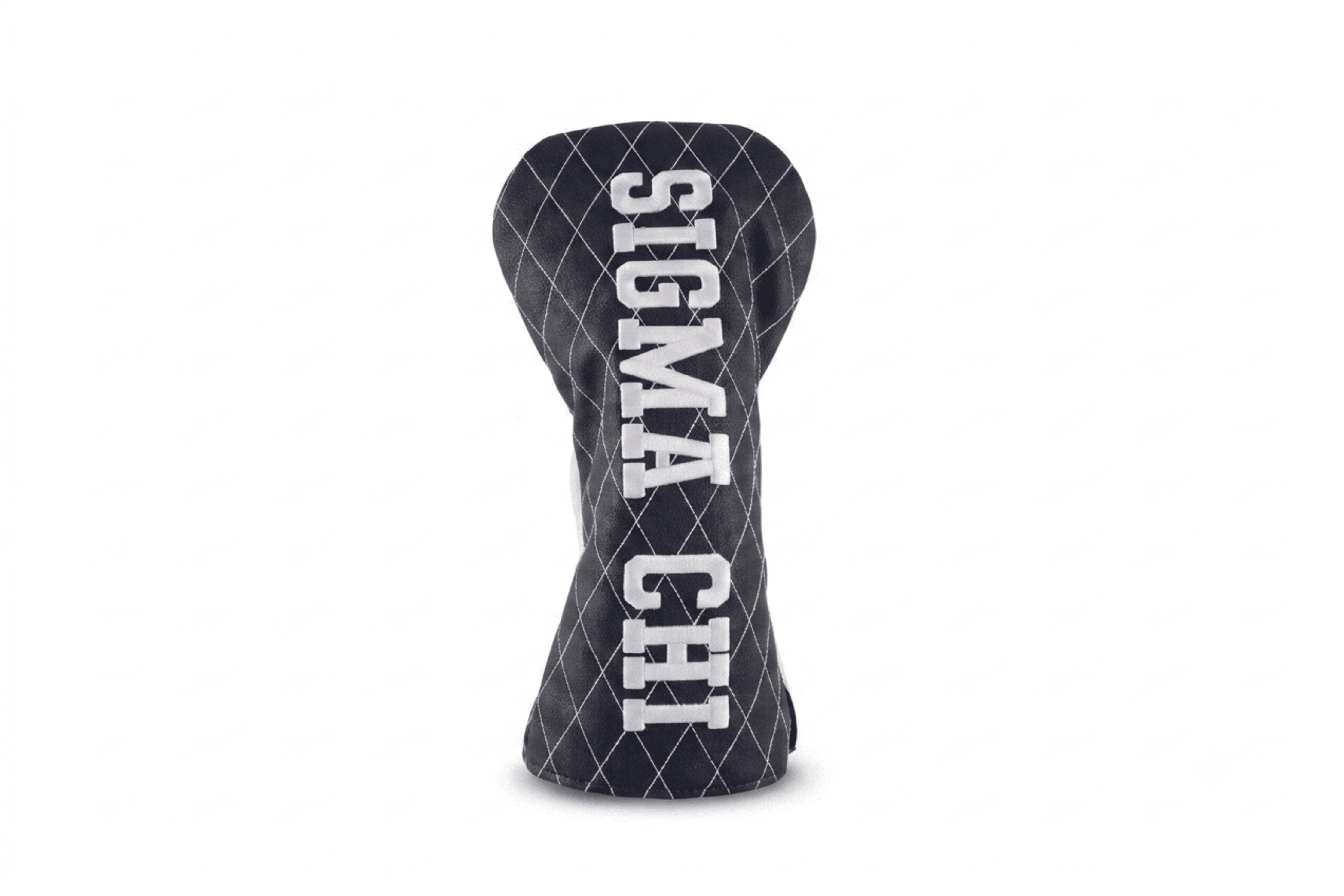 A black golf club headcover with a white diamond pattern and the text 'SIGMA CHI' printed vertically in white on the front, shown against a plain white background.