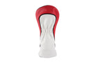 A red and white golf club headcover with black piping details, shown from the back on a solid white background.