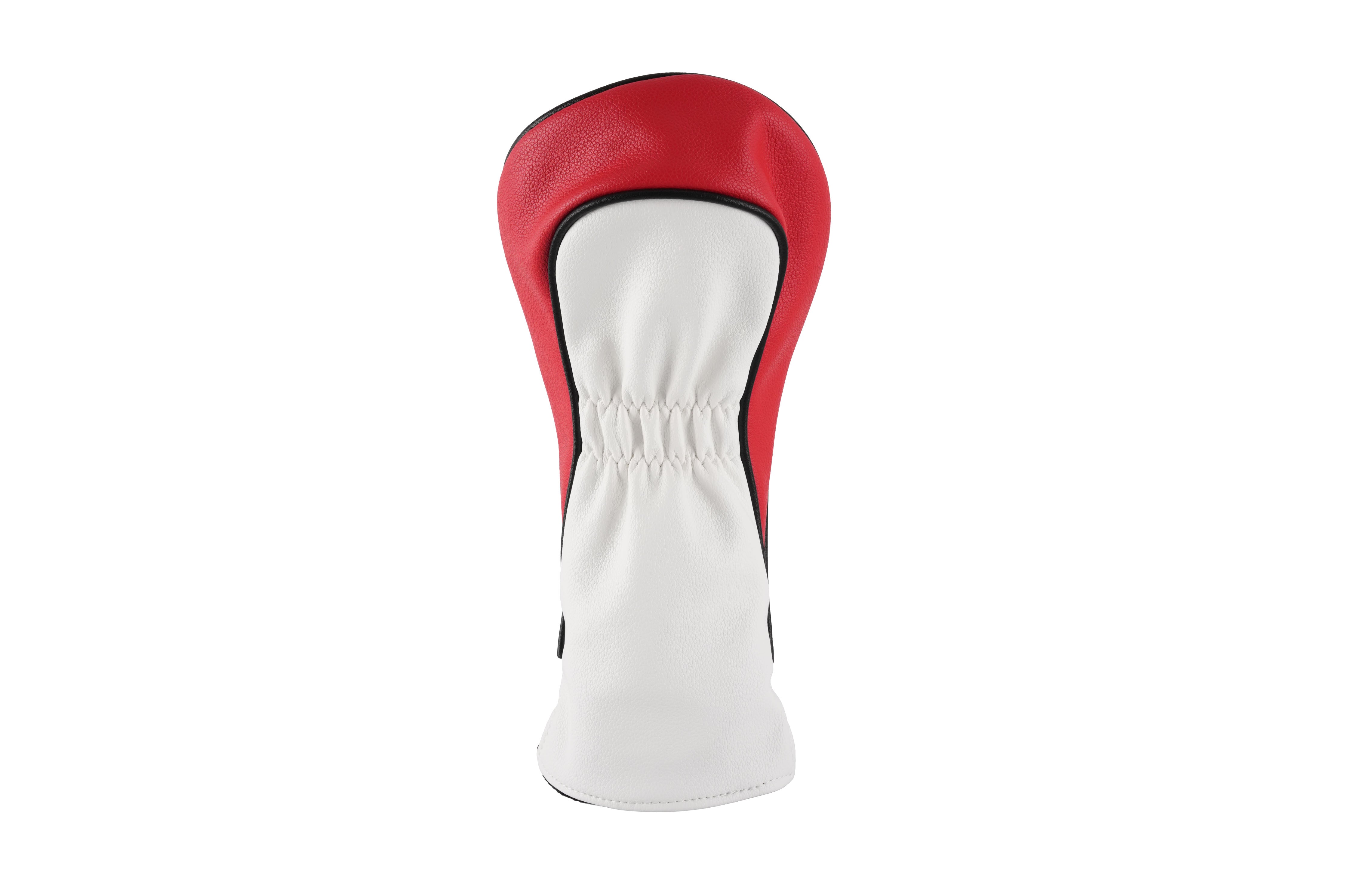 A red and white golf club headcover with black piping details, shown from the back on a solid white background.