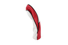 A red and white golf club headcover with black piping, shown upright against a plain white background.